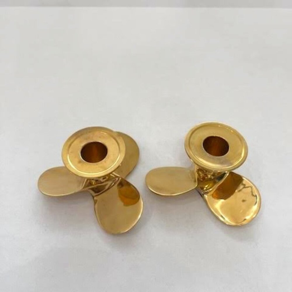 Solid Brass Candle Stick Holders -Pair Boat Propeller 2 1/2" tall 4 1/2" wide
